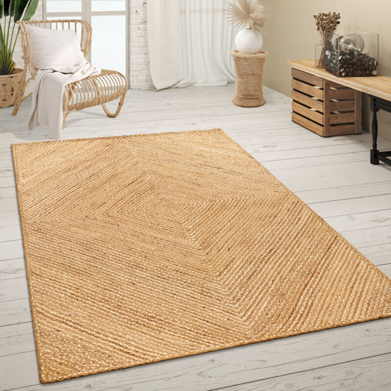 Tapis De Salon Fibres Naturelles Jute Artisanal Motif Moderne Abstrait 120x170 cm, Naturelle 5 - Paco Home