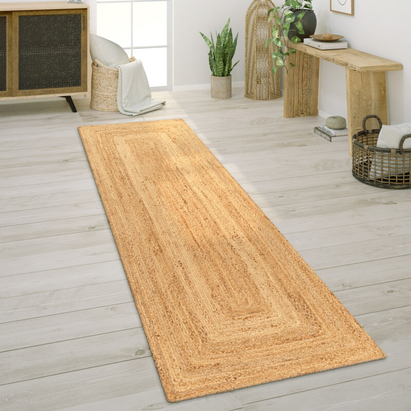 Tapis De Salon Fibres Naturelles Jute Artisanal Motif Moderne Abstrait 80x150 cm, Naturelle 6 - Paco Home
