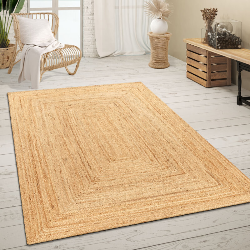 Tapis De Salon Fibres Naturelles Jute Artisanal Motif Moderne Abstrait 300x400 cm, Naturelle 6 - Paco Home