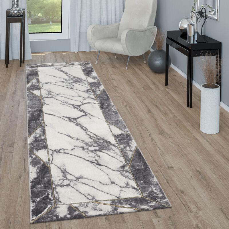 Tapis de salon gris, bordure dorée 3-D motif marbré motif marbré durable à poil court 80x300 cm - Paco Home