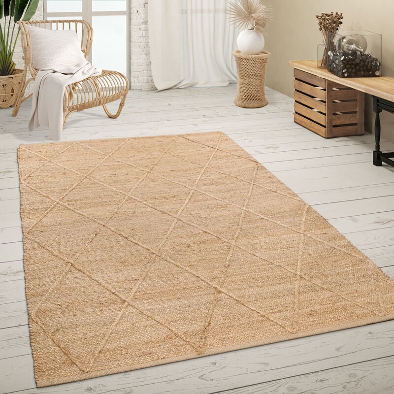 Tapis De Salon Jute Fibres Naturelles Artisanal Motif 3D Scandinave Moderne 160x230 cm, Naturelle - Paco Home