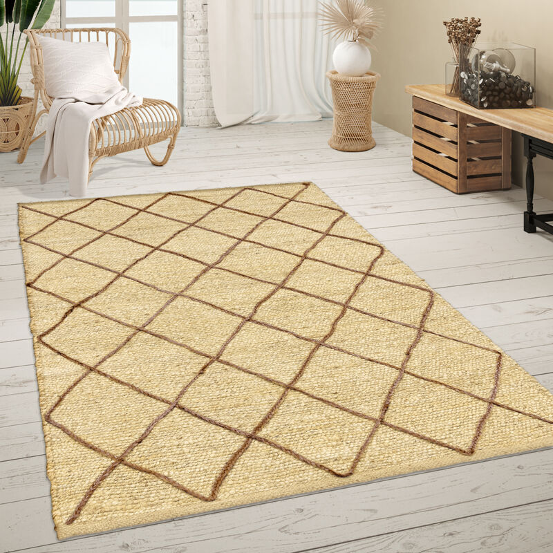Tapis De Salon Jute Fibres Naturelles Artisanal Motif 3D Scandinave Moderne 80x150 cm, Crème - Paco Home