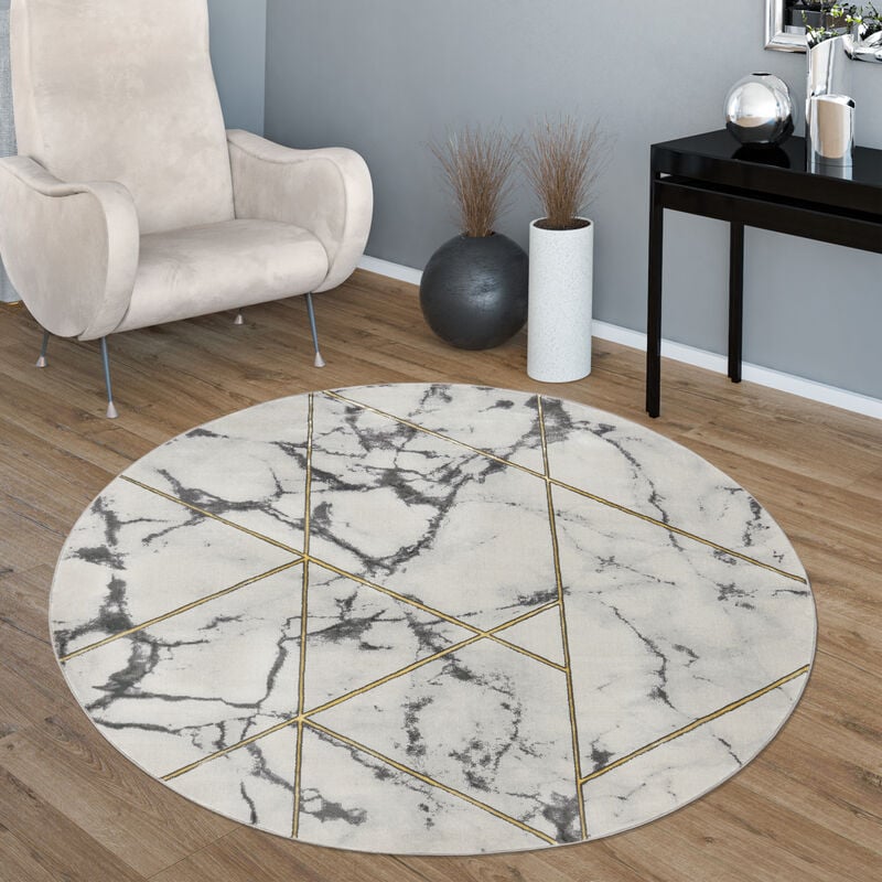 Paco Home Tapis de salon Marbre Or Gris Motif 3D tapis à poils courts Douce et Robuste 160 cm rond