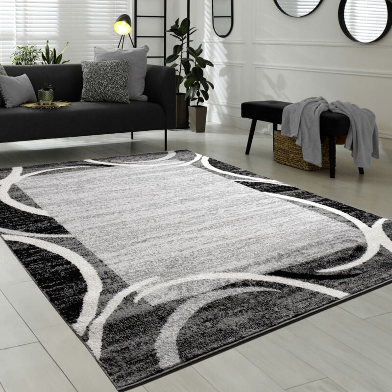 Tapis de Salon Moderne Avec Bordure Tapis De Marque Moucheté Gris Noir Crème 120x170 cm - Paco Home