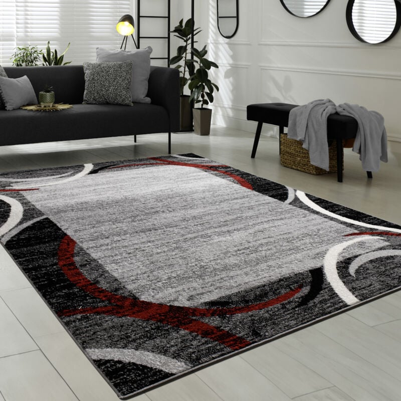 Paco Home - Tapis de Salon Moderne Avec Bordure Tapis De Marque Moucheté Gris Noir Rouge 200x280 cm