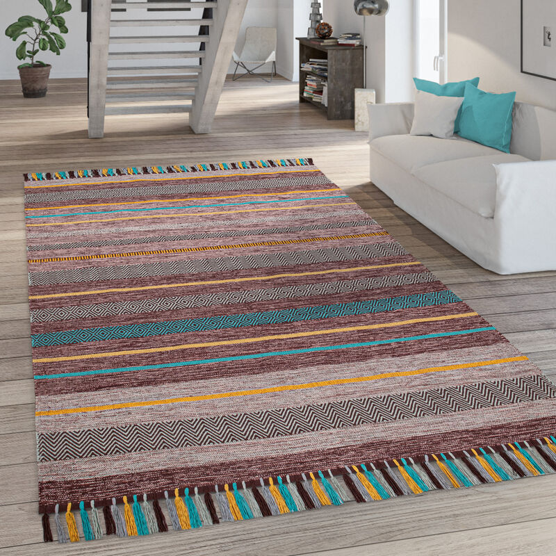 Paco Home - Tapis De Salon Moderne Monochrome Rayures Franges Coton Tapis Tissé Gris Marron 60x110 cm