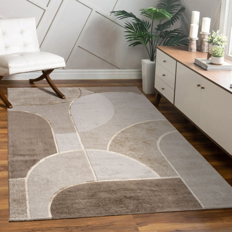 Tapis De Salon Motif Géométrique Court Motif Arc Design Abstrait Beige Crème 200x290 cm - Paco Home