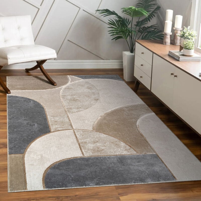 Paco Home Tapis De Salon Motif Géométrique Court Motif Arc Design Abstrait Gris Beige 80x300 cm