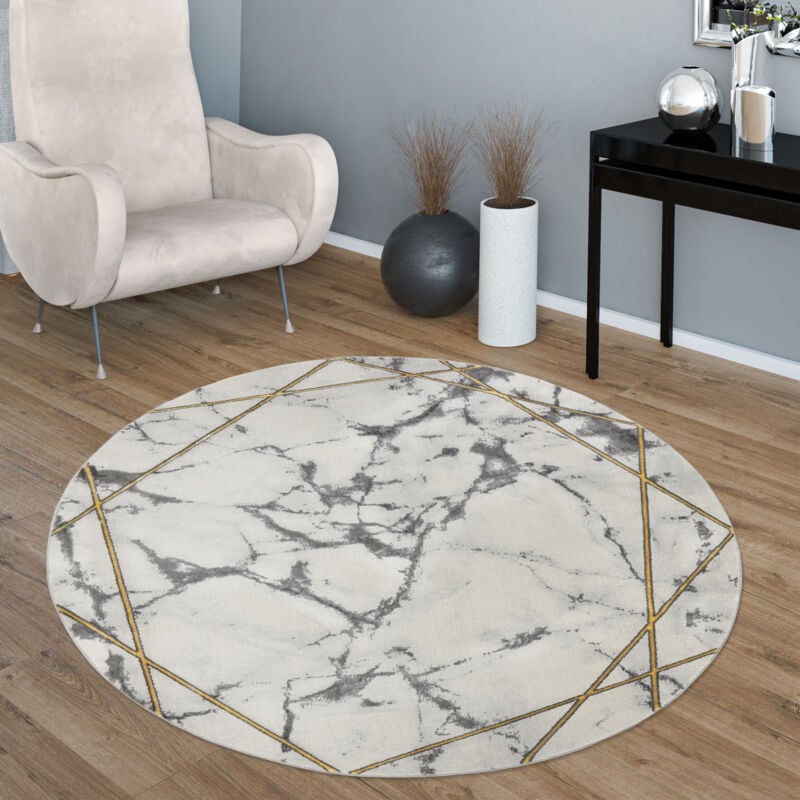 Tapis de salon Motif Marbre Gris Or 3-D Haute Qualité tapis a poil ras 160 cm rond - Paco Home