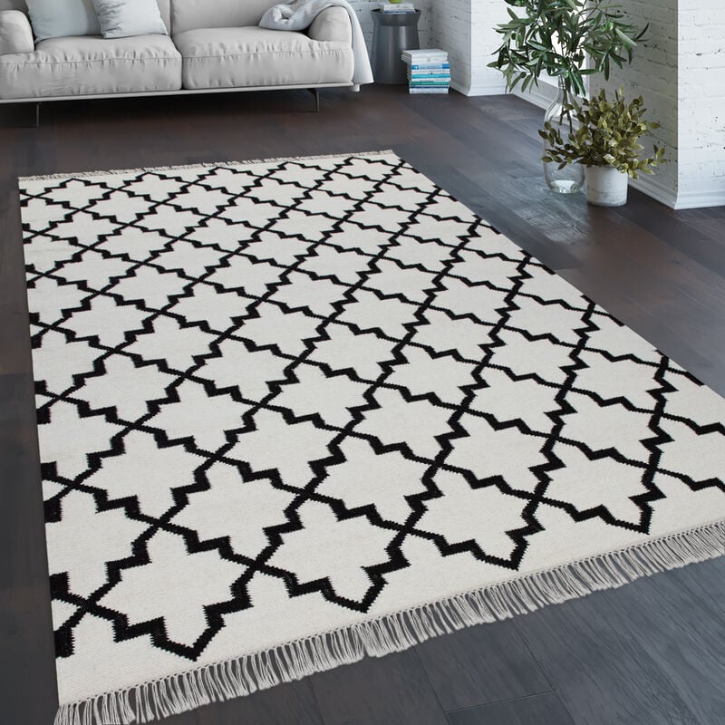 Paco Home Tapis De Salon Motif Marocain Franges Tissé À La Main Laine Coton Blanc 60x110 cm