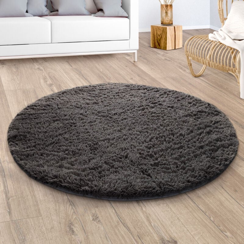 Paco Home - Tapis De Salon Poil Long Shaggy Fausse Fourrure Pelucheux Uni Gris Anthracite 80 cm rond