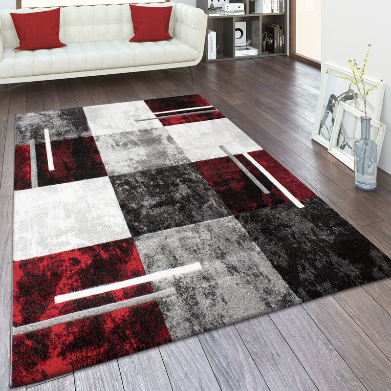 Tapis De Salon Poil Ras Aspect 3D Vintage Découpe De Contour Motif Moderne 60x110 cm, Gris-Rouge - Paco Home