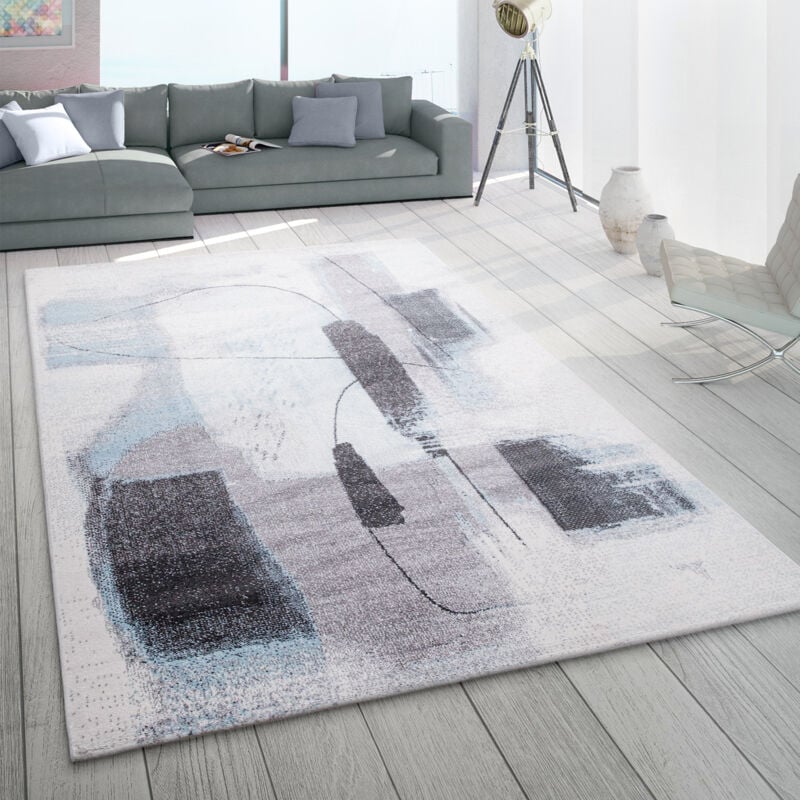 Tapis De Salon Poil Ras Pastel Vintage Motif Abstrait Moderne Turquoise Gris 60x100 cm - Paco Home