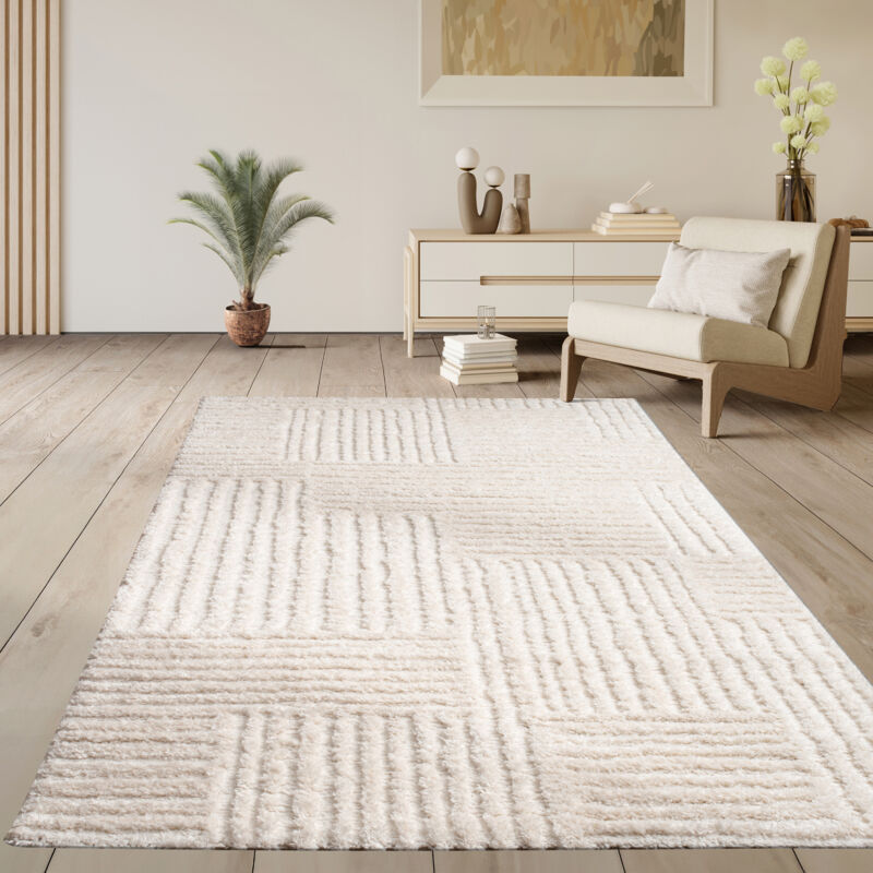 Tapis Salon Chambre Poil Long Shaggy Scandinave Uni Pelucheux Geometrique Crème 160x220 cm - Paco Home