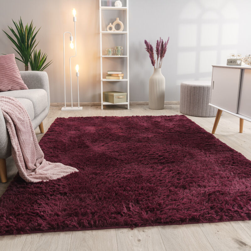 Paco Home Tapis De Salon Poils Longs Fausse Fourrure Shaggy Moelleux Monochrome 160x220 cm, Pourpre