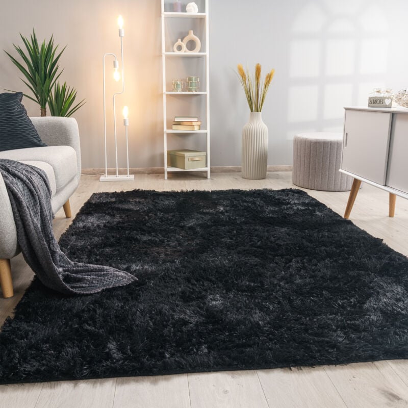 Tapis De Salon Poils Longs Fausse Fourrure Shaggy Moelleux Monochrome 140x200 cm, Noir - Paco Home