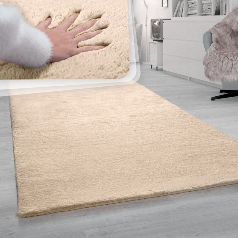 Tapis De Salon Poils Longs Imitation Fourrure Lapin Douce Sable Crème 100x200 cm - Paco Home