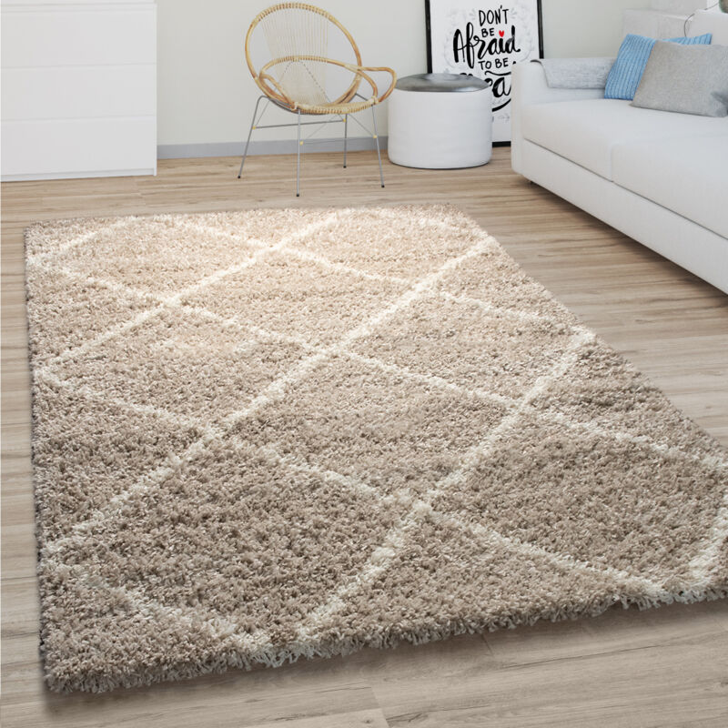 Tapis De Salon Poils Longs Shaggy Motif Losanges Scandinave Moderne Beige 100x200 cm - Paco Home