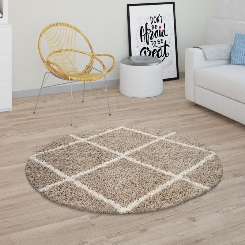 Tapis De Salon Poils Longs Shaggy Motif Losanges Scandinave Moderne Beige 120 cm rond - Paco Home