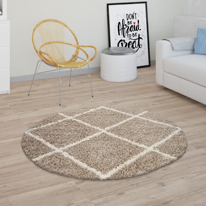 Tapis De Salon Poils Longs Shaggy Motif Losanges Scandinave Moderne Beige 160 cm rond - Paco Home