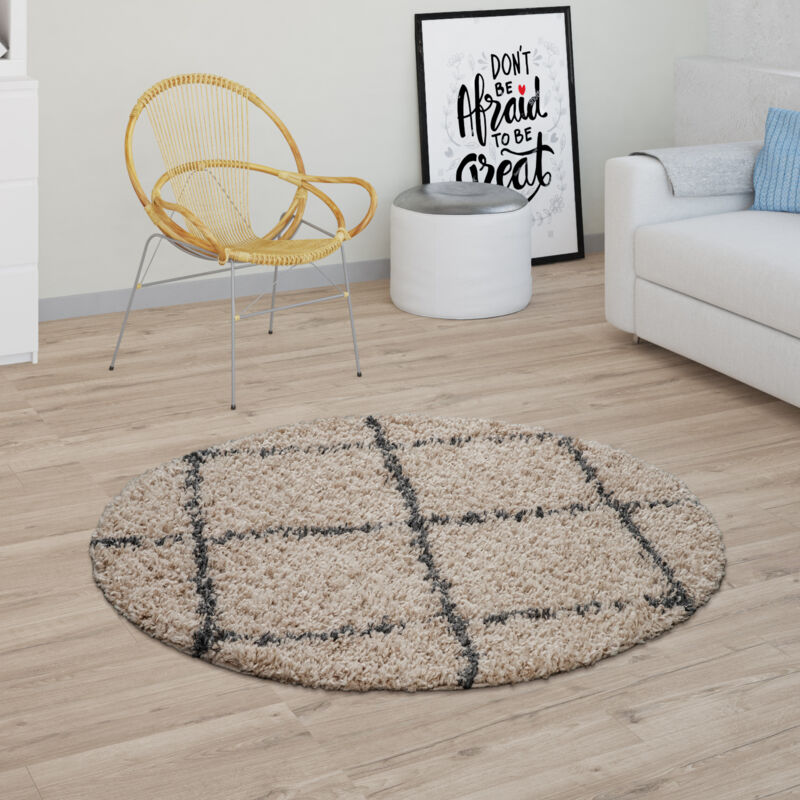 Tapis De Salon Poils Longs Shaggy Motif Losanges Scandinave Moderne Beige Gris 200 cm rond - Paco Home