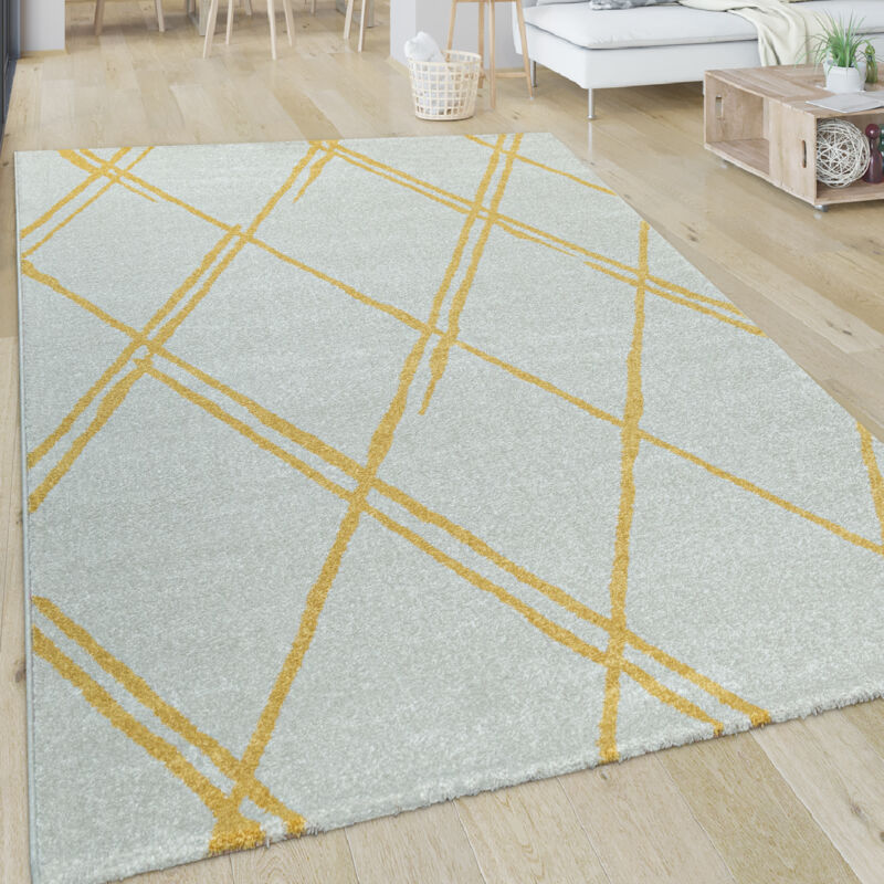 Tapis De Salon, Poils Ras Avec Design Scandinave Et Motif Losanges, Blanc Jaune 80x300 cm - Paco Home