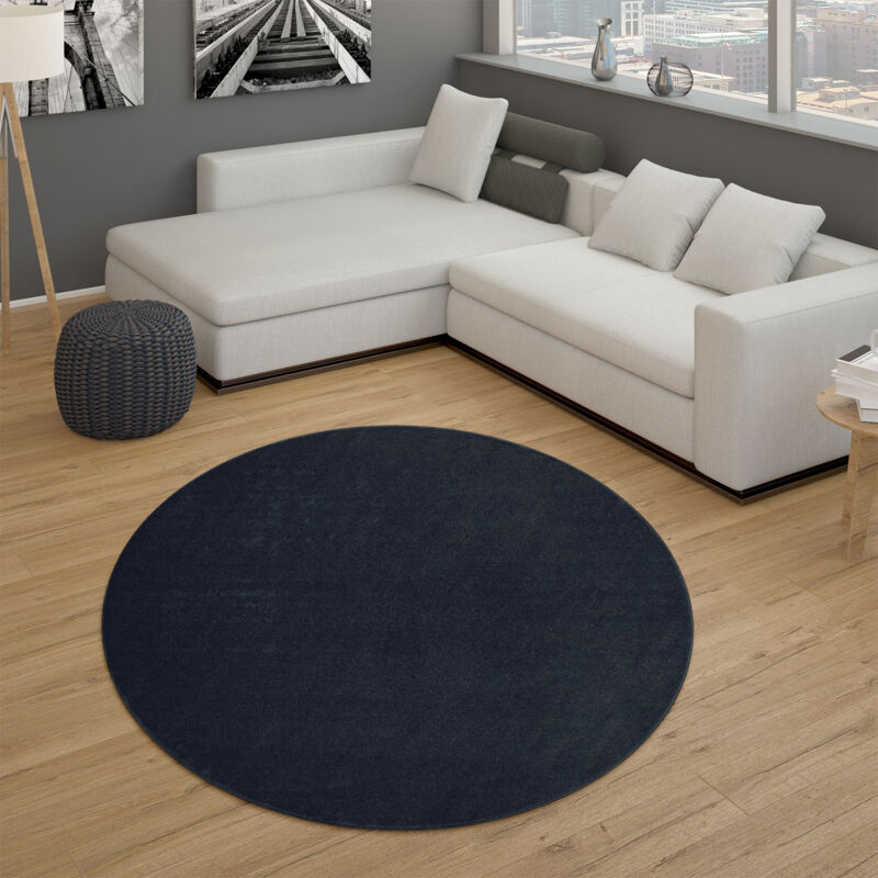 Tapis De Salon Poils Ras Chambre à Coucher Motif Moderne Monochrome Bleu Foncé 120 cm rond - Paco Home