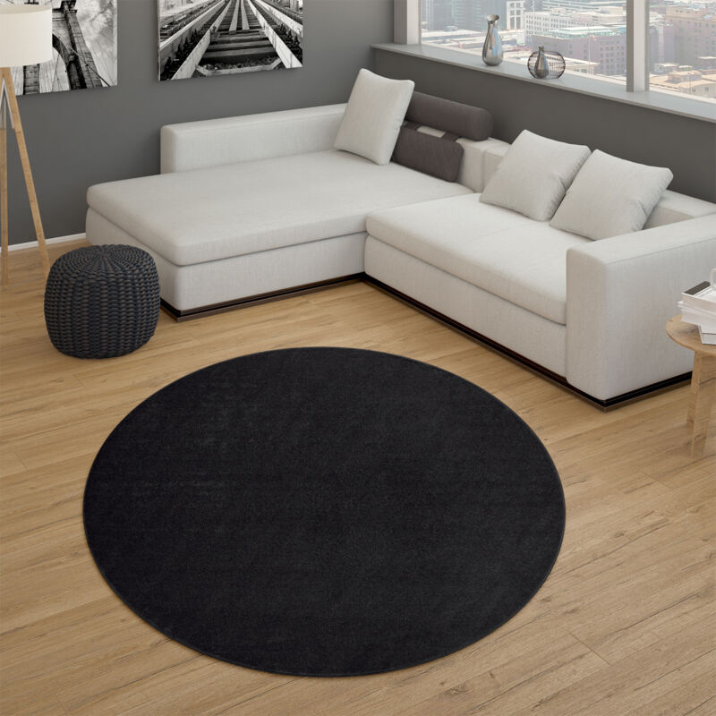Paco Home Tapis De Salon Poils Ras Chambre À Coucher Motif Monochrome Moderne Noir Gris 160 cm rond
