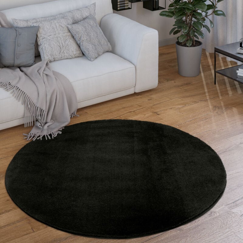 Tapis De Salon Poils Ras Lavable Monochrome Style Moderne Noir 200 cm rond - Paco Home