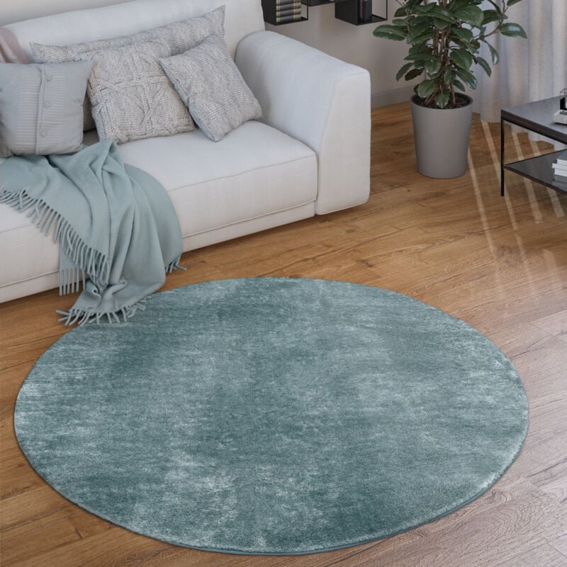 Tapis De Salon Poils Ras Lavable Monochrome Style Moderne Turquoise 160 cm rond - Paco Home