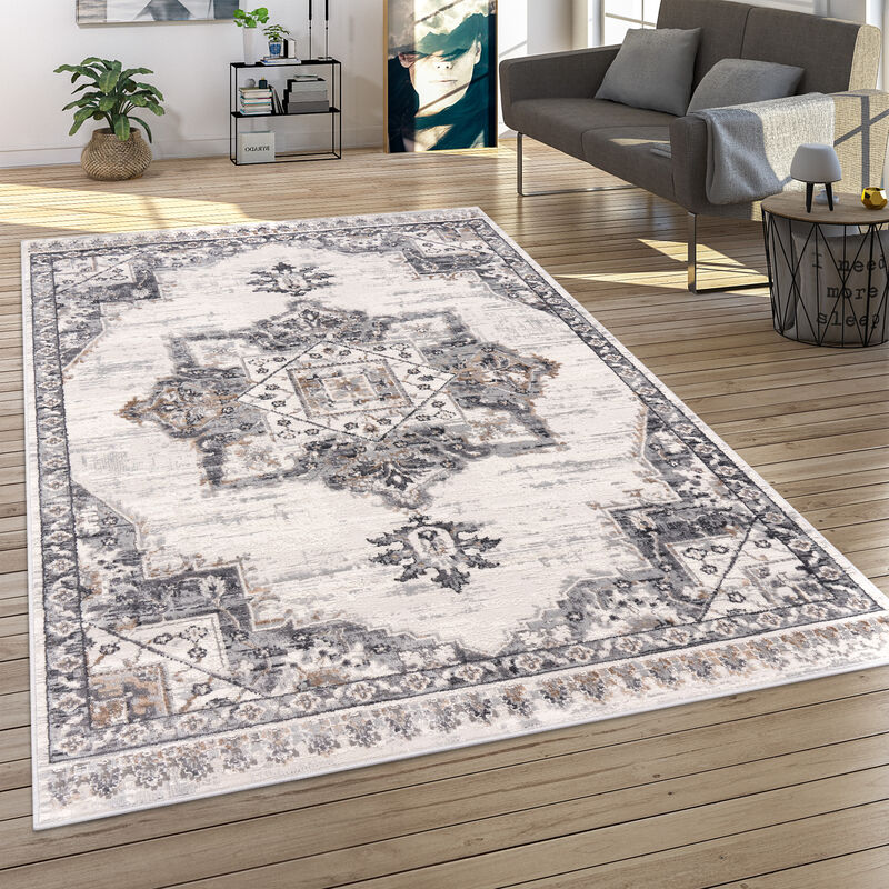 Tapis De Salon Poils Ras Moderne Motif Oriental Ornements Avec Bordure Mandala 80x300 cm, Gris 8 - Paco Home