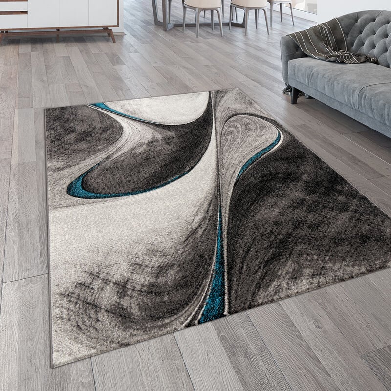 Tapis De Salon Poils Ras Moderne Ondulé avec Motif 3D Abstrait 80x150 cm, Gris Bleu - Paco Home