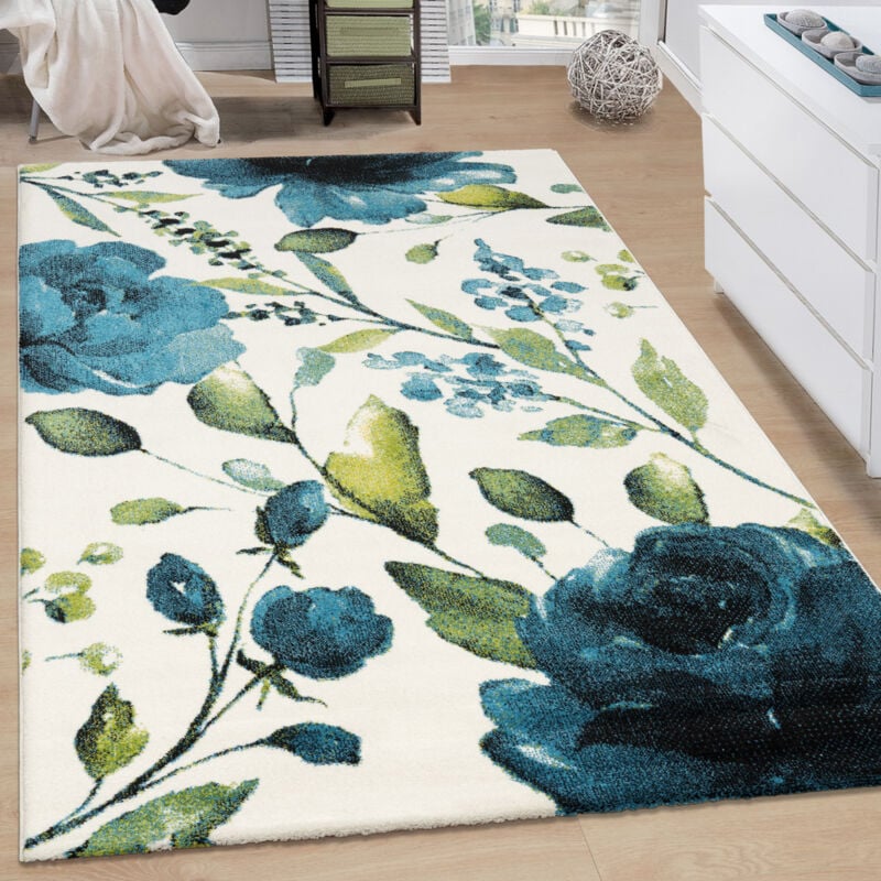 Tapis De Salon Poils Ras Motif Fleuri Moderne Motif Fleurs Moelleux Crème Bleu 160x230 cm - Paco Home