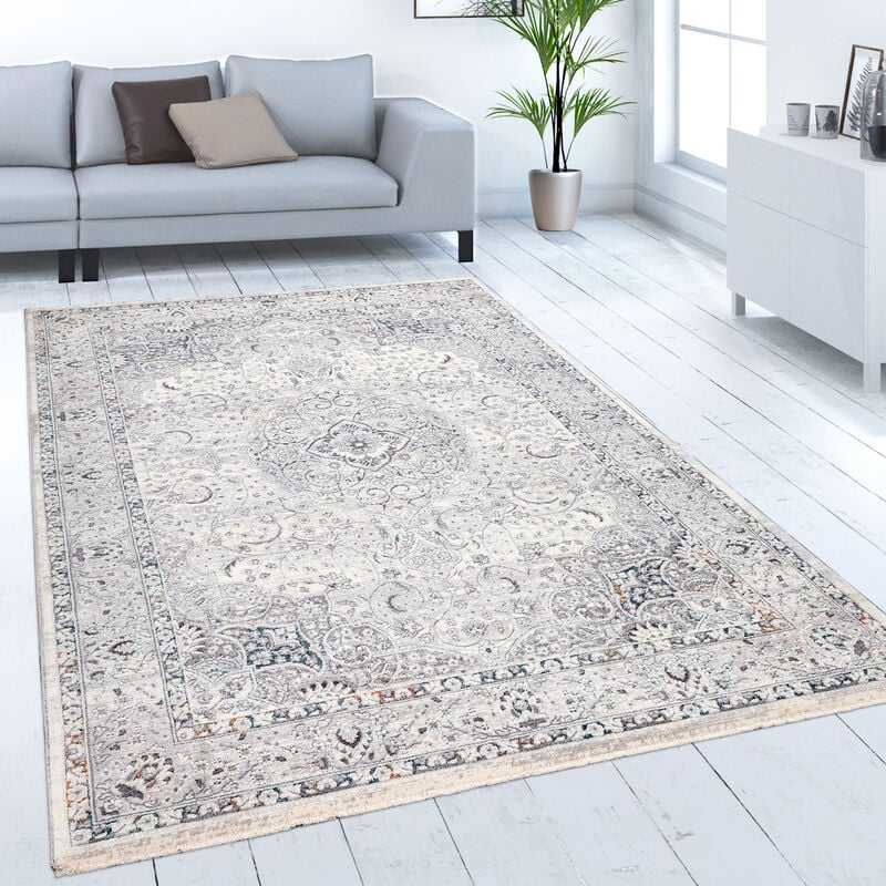 Tapis De Salon Poils Ras Motif oriental Avec bordure Moderne Beige Gris 120x160 cm - Paco Home