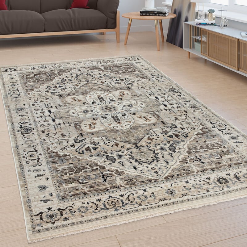 Tapis De Salon Poils Ras Motif Oriental Ornements Bordure Beige Blanc Cassé 80x150 cm - Paco Home