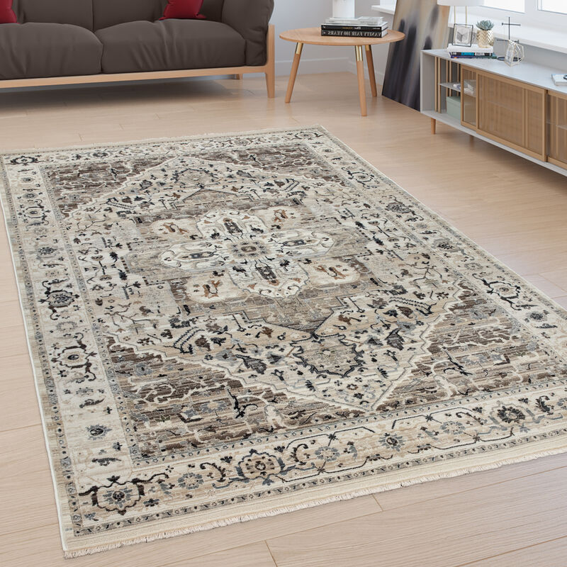 Paco Home Tapis De Salon Poils Ras Motif Oriental Ornements Bordure Beige Blanc Cassé 120x170 cm