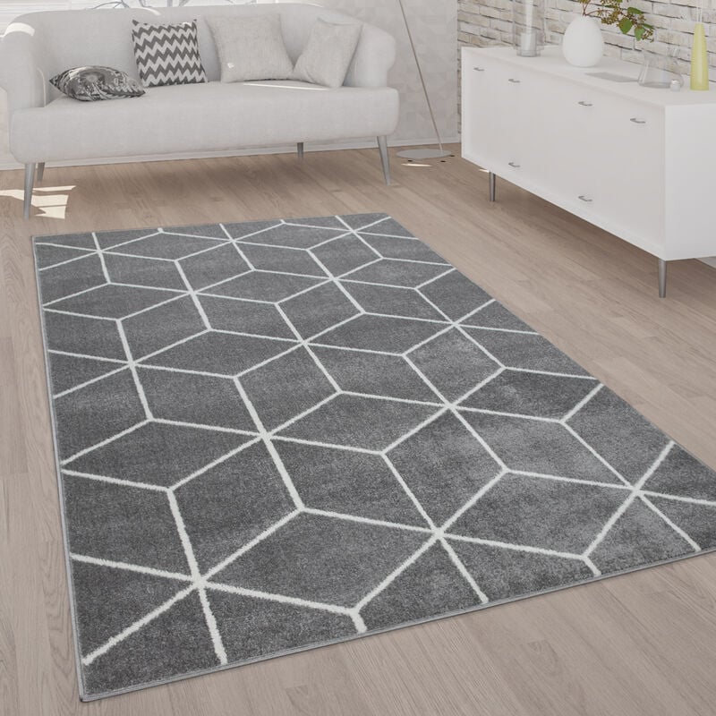 Paco Home Tapis De Salon Poils Ras Style Scandinave Moderne Motif Diamant Gris Blanc Gris, 200x280 cm
