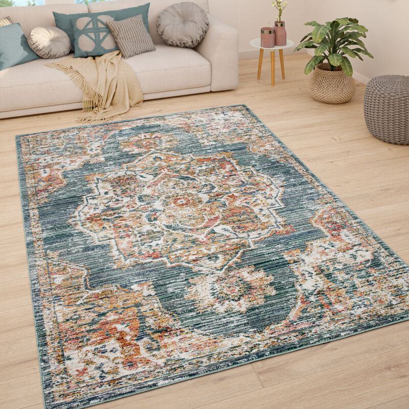 Tapis De Salon Poils Ras Tapis Vintage Motif Oriental Moderne Pastel 120x170 cm, Turquoise - Paco Home