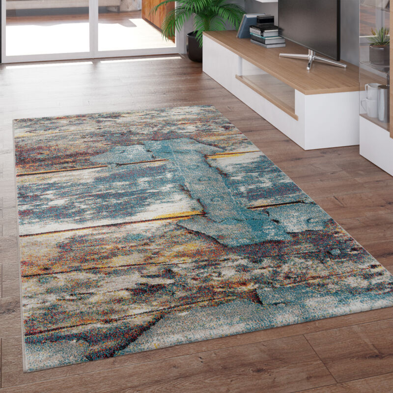 Tapis De Salon Poils Ras Vintage Aspect Vieux Bois 3D Moelleux Multicolore 80x150 cm - Paco Home