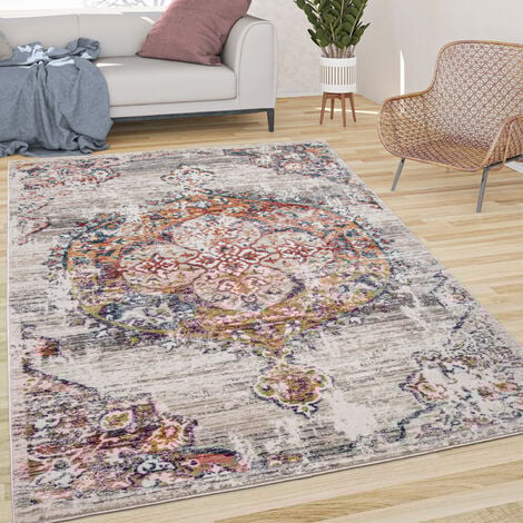 Paco Home Tapis De Salon Poils Ras Vintage Esthétique Orientale Abstrait Beige Gris Orange 60x100 cm