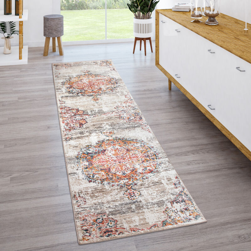 Paco Home - Tapis De Salon Poils Ras Vintage Esthétique Orientale Abstrait Beige Gris Orange 60x100 cm