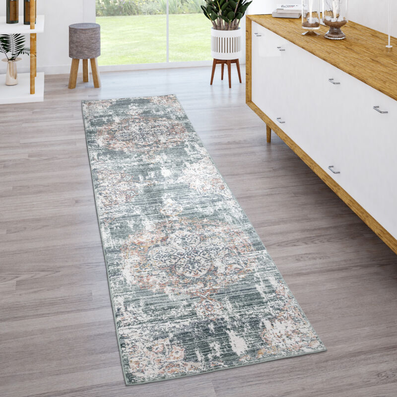 Tapis De Salon Poils Ras Vintage Esthétique Orientale Abstrait Gris Vert 60x100 cm - Paco Home