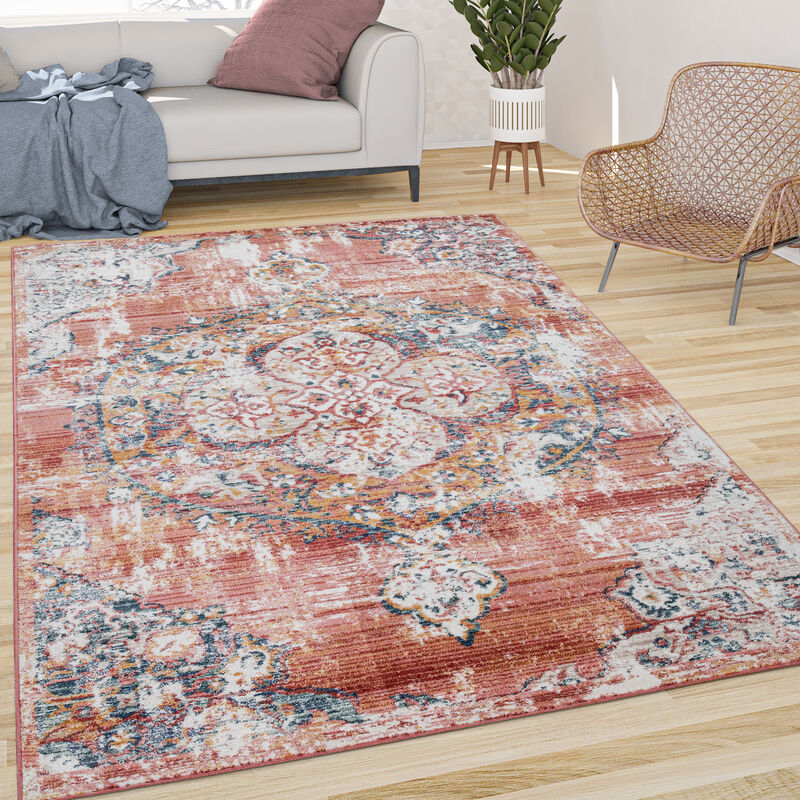 Tapis De Salon Poils Ras Vintage Esthétique Orientale Rouge Blanc Cassé Bleu 120x170 cm - Paco Home