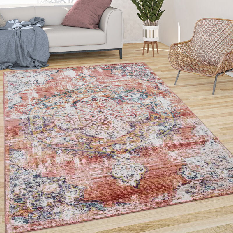 Tapis De Salon Poils Ras Vintage Esthétique Orientale Rouge Blanc Cassé Bleu 200 cm rond - Paco Home