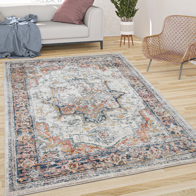 Tapis De Salon Poils Ras Vintage Motif Orient Ornements Bordure Beige Bleu 60x100 cm - Paco Home
