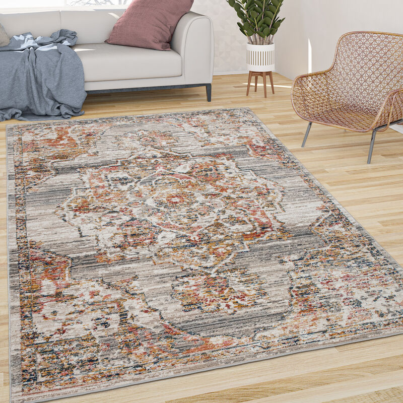 Tapis De Salon Poils Ras Vintage Pastel Motif Orient Avec Bordure Gris Marron 120x170 cm - Paco Home