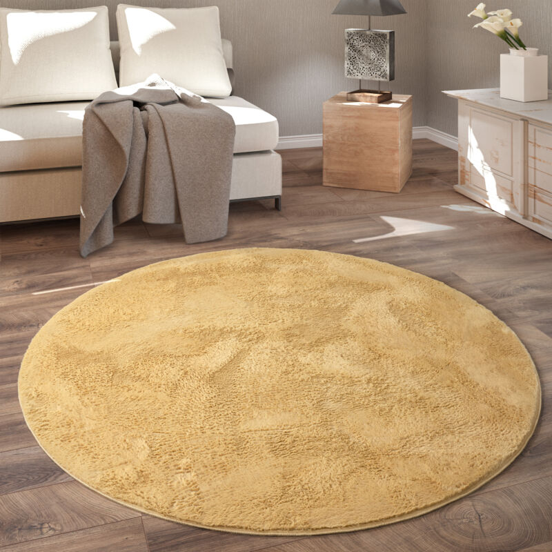 Tapis De Salon, Rond Petit Tapis En Fausse Fourrure, Chambre d'Enfants, Peluche Shaggy Tapis De Lit Jaune, 100 cm rond - Paco Home