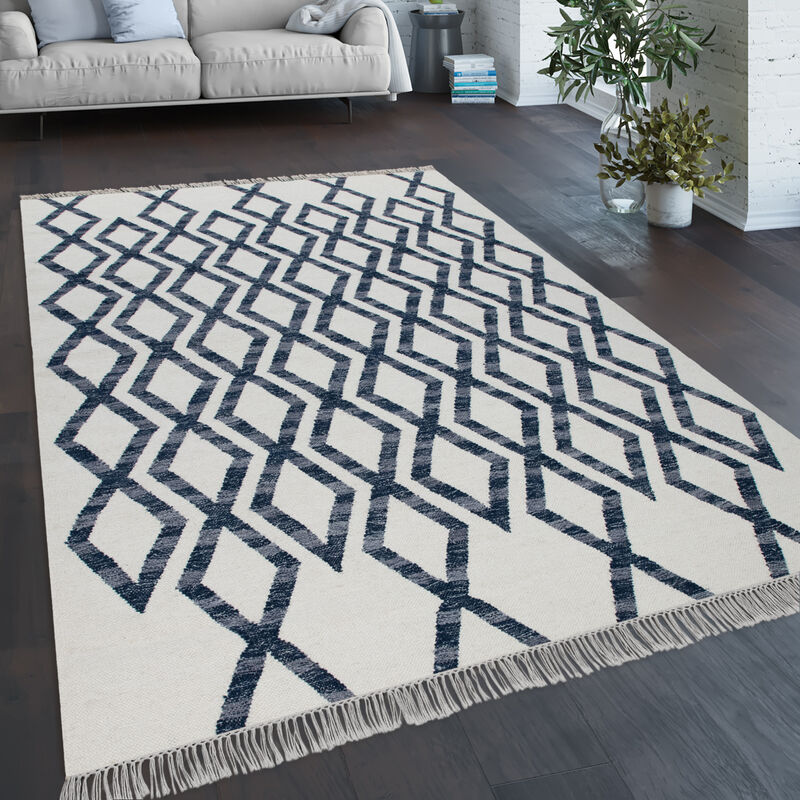 Tapis De Salon Style Bohème Franges Tissé à La Main Mélange Laine-coton Bleu 140x200 cm - Paco Home