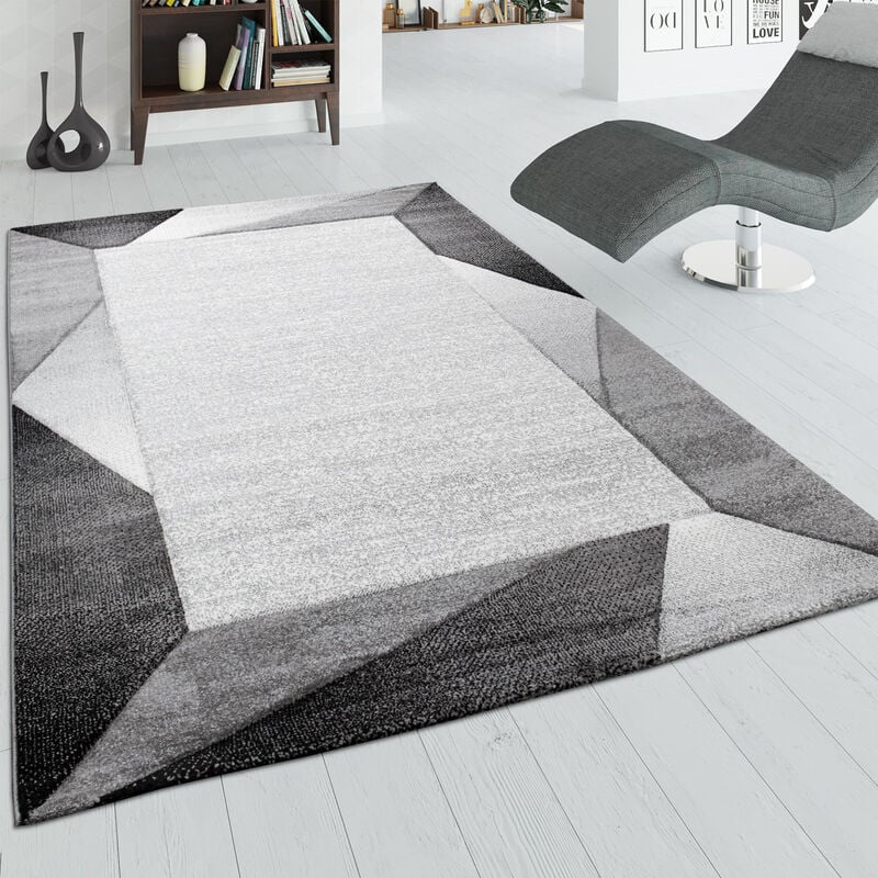Tapis De Salon, Tapis à Poils Ras Avec Bordure Et Effet 3D, Gris Et Beige 80x300 cm - Paco Home