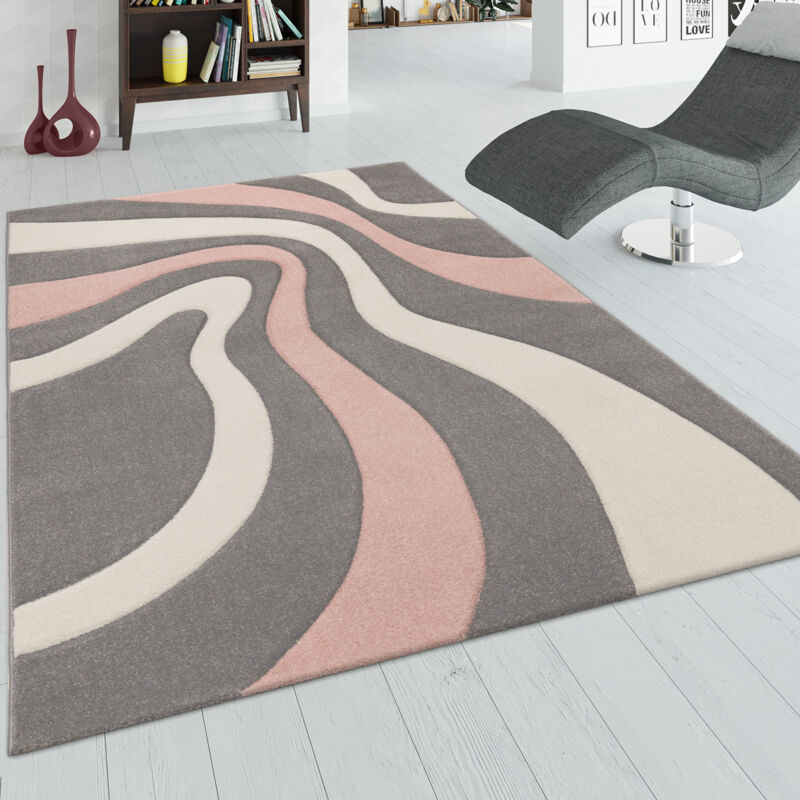 Tapis De Salon Tapis Poils Ras Aspect 3D Moderne Motif Abstrait Vagues Gris Rose 240x330 cm - Paco Home